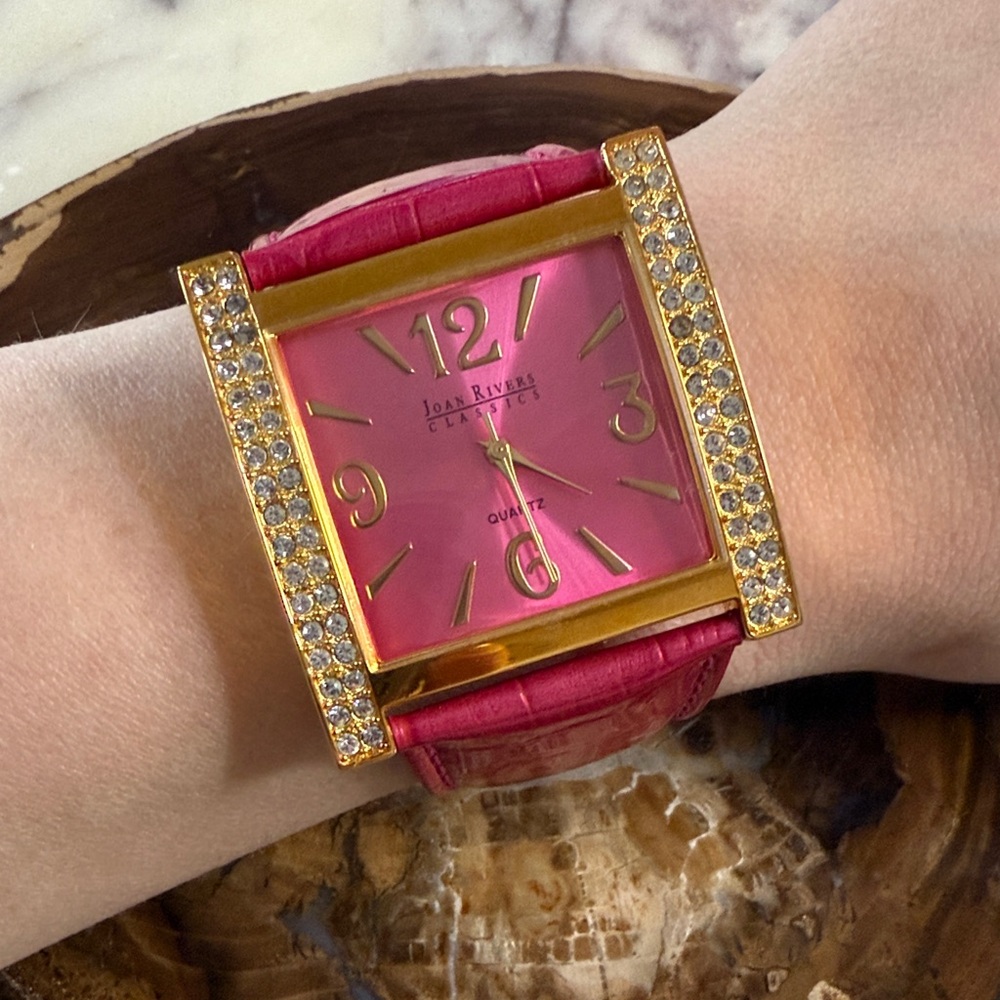 Joan Rivers Hot Pink Crystal-Trim Square Watch